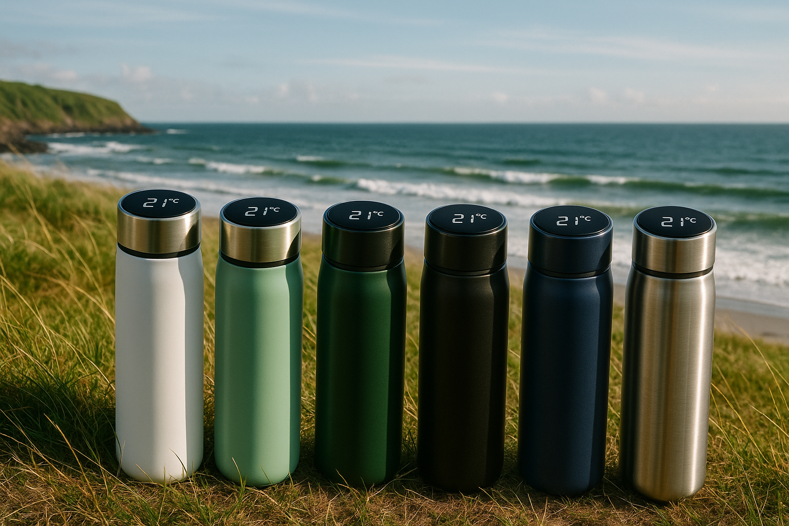 paysage bord de mer et d'herbe avec comme gros plan, des bouteilles isothermes intelligentes en inox avec 6 coloris (blanc, vert clair, argent) affichant 21°C comme température, version réaliste